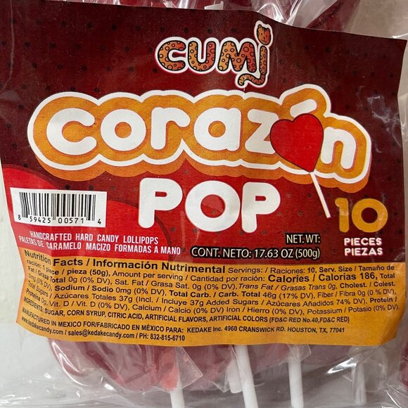 Cumi Corazon Pop Heart-Shaped Hard Candy Lollipops Pack of 2 Bags 10-Piece c/u - Picture 3 of 4